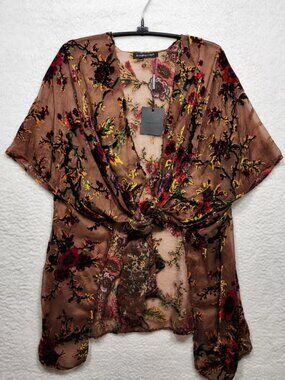 Do Everything in Love Floral Burnout Velvet Kimono Wrap Brown OS NWT